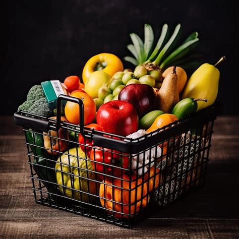 Imagen de una cesta de la compra llena de frutas frescas, verduras, carnes magras y pescado.