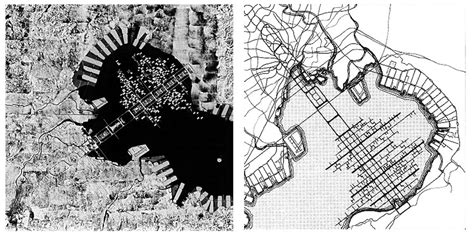 Maqueta del Plan para Tokio de 1960 de Kenzo Tange, mostrando la megaestructura lineal sobre la bahía.