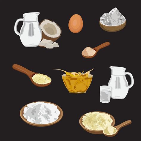 Ilustración de ingredientes comunes en repostería paleo: harina de almendras, cacao en polvo, miel, aceite de coco, huevos.