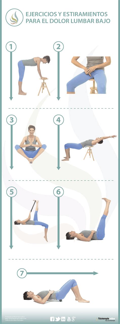 Infografía mostrando ejemplos de ejercicios de fortalecimiento lumbar y estiramientos para costaleros.