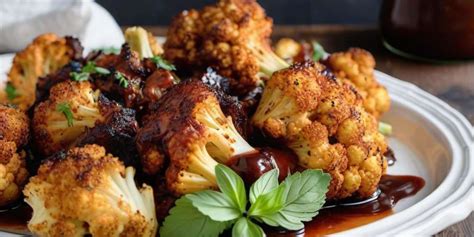 Imagen de una bandeja de coliflor asada al horno con ajos.