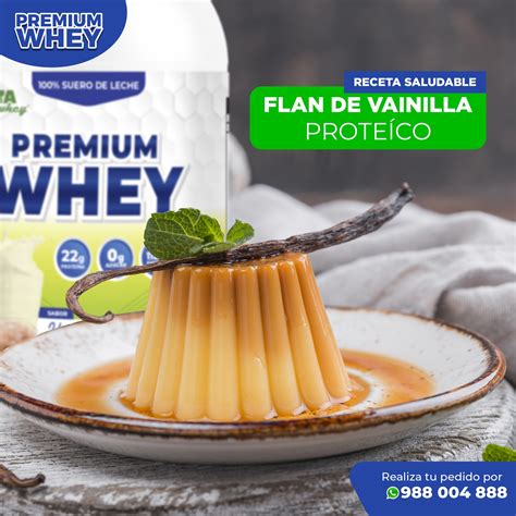 Ilustración de ingredientes para flan proteico: huevos, leche, proteína en polvo, edulcorante, vainilla