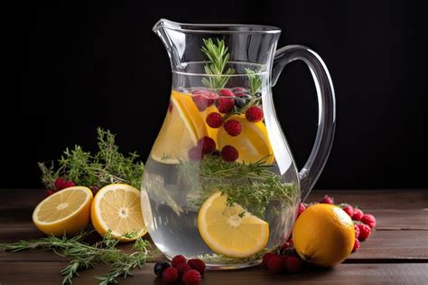 Ilustración de diversas frutas y hierbas siendo añadidas a una jarra de agua para crear aguas saborizadas.