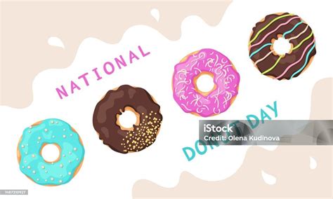Ilustración festiva con donuts y elementos relacionados con el Día del Donut.