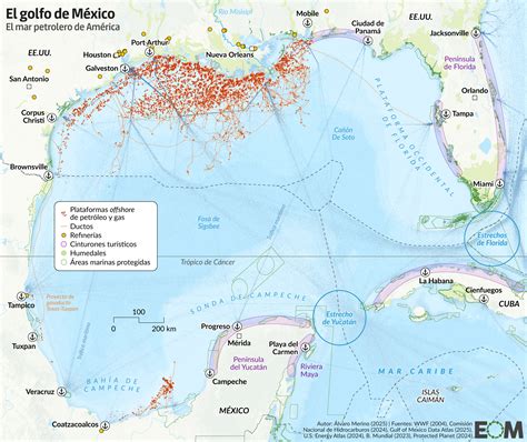 Mapa del Golfo de México mostrando la extensión de la zona muerta en un verano específico, con indicación de las áreas más afectadas.