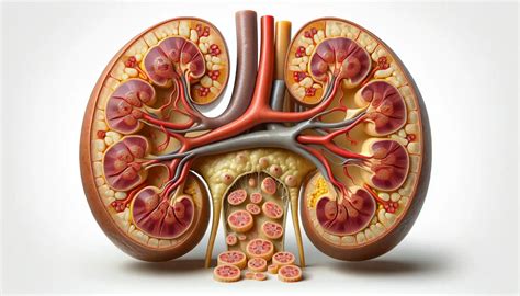 imagen ilustrativa de un corte transversal de riñón, mostrando la diferencia entre células normales y células hiperplásicas en un riñón agrandado debido a la obesidad.