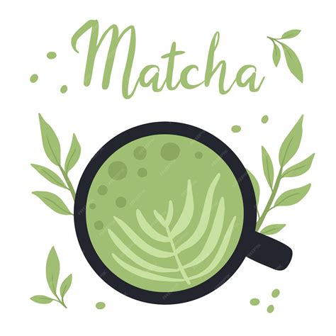 Ilustración de una taza de té matcha con burbujas de energía y símbolos de antioxidantes.