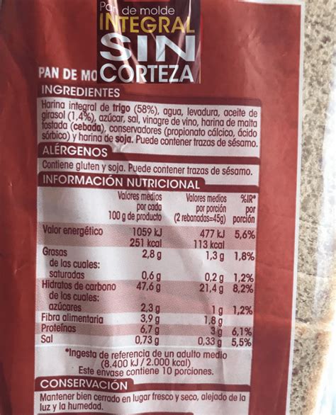 Etiqueta nutricional de un pan de molde, señalando la importancia de la lista de ingredientes y el orden.