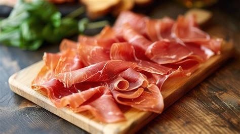 Lonchas finas de jamón serrano sobre una tabla de madera, con un fondo desenfocado de ingredientes frescos.
