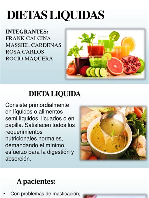 Infografía detallando los distintos tipos de dietas líquidas y sus aplicaciones médicas.