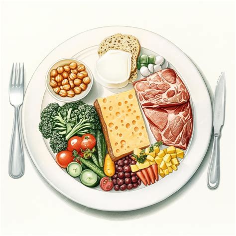 ilustración de un plato equilibrado con proteínas, grasas saludables y fibra para romper el ayuno