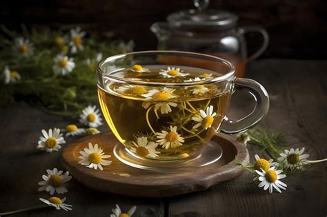 Fotografía de una taza de té de manzanilla con flores secas alrededor.