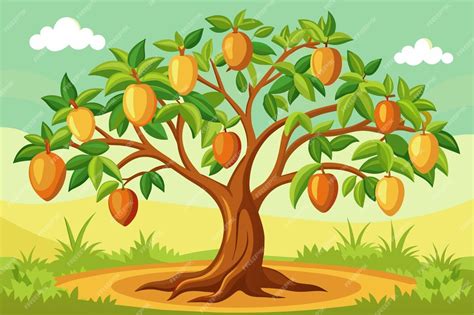 Ilustración de un árbol de mango con frutos maduros.