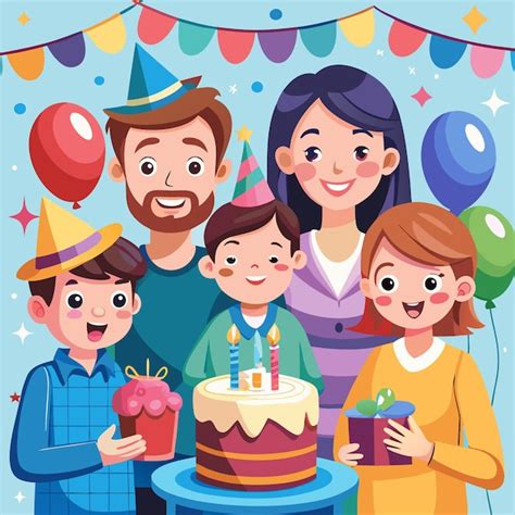 Ilustración de una familia sonriente celebrando un evento, representando el uso del apellido Cete en contextos familiares y de celebración.