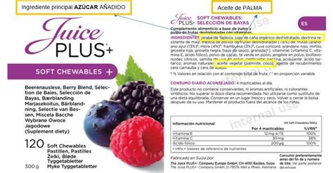 Infografía detallando los ingredientes de Juice Plus y sus posibles funciones o preocupaciones asociadas.