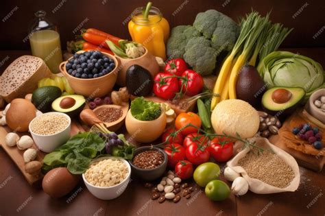variedad de alimentos saludables como frutas, verduras y granos integrales