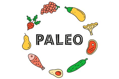 Ilustración de alimentos de la dieta paleo: frutas, verduras, carnes magras y pescados.