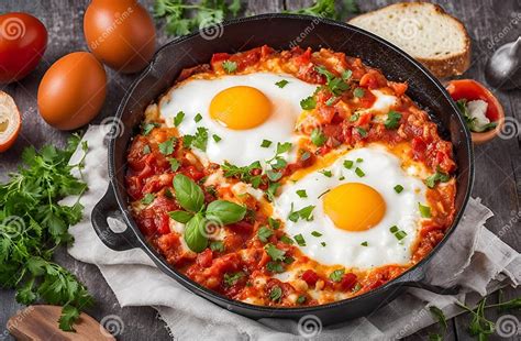 Plato de Shakshuka humeante con huevos pochados.