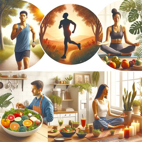 Imagen que representa un estilo de vida saludable: comida equilibrada, ejercicio, agua y descanso.