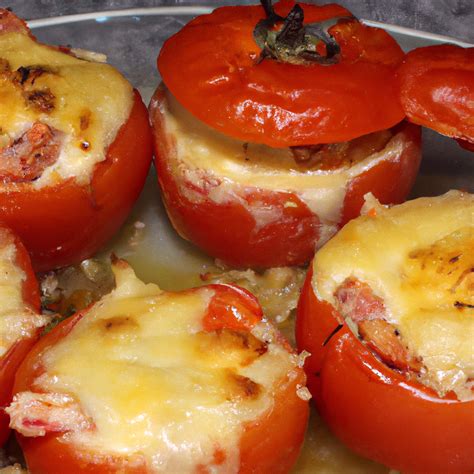 tomates horneados rellenos de huevo y cubiertos con hierbas