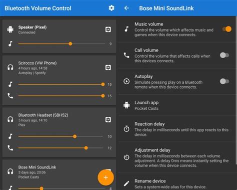 Interfaz de la aplicación Bluetooth Volume Control mostrando opciones de ajuste de volumen para dispositivos conectados.