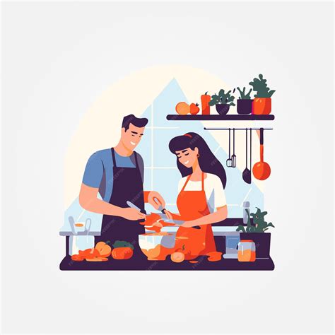 Ilustración de una pareja cocinando junta y sonriendo