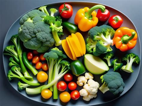 Composición visual de un plato con diversas verduras bajas en carbohidratos como brócoli, espinacas, pimientos y calabacín.