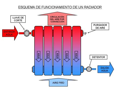 Esquema de funcionamiento de un radiador eléctrico, mostrando la resistencia, el fluido térmico y la emisión de calor.