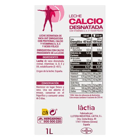 Infografía comparativa de calorías en diferentes volúmenes de leche desnatada