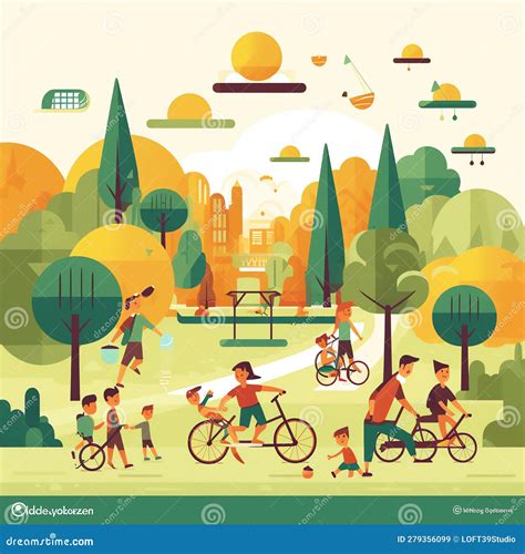 Ilustración de una familia activa realizando diversas actividades físicas al aire libre, como senderismo, ciclismo y baile.