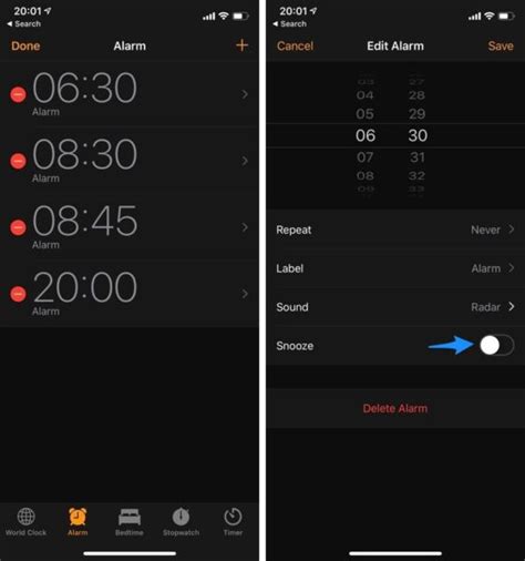 Botón de activación/desactivación de alarma en la aplicación Reloj