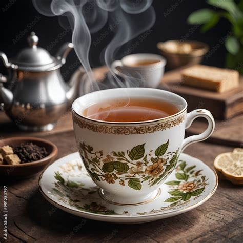 Taza humeante de té de bálsamo de limón junto a hojas frescas de la planta.