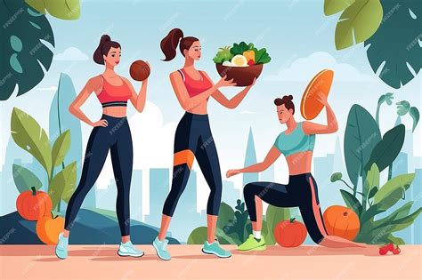 Ilustración de alimentos saludables y ejercicio físico