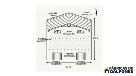Esquema de un galpón con sistema de cortinas y cámara interior.