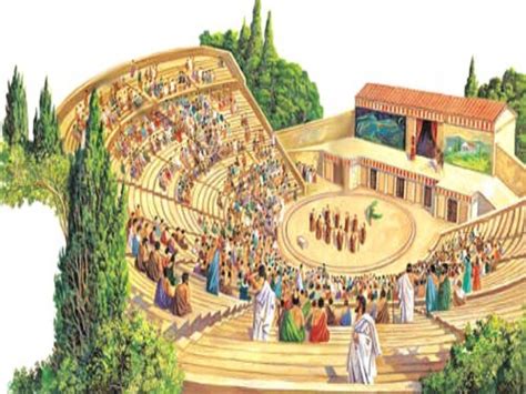 Ilustración de un teatro griego antiguo con público.