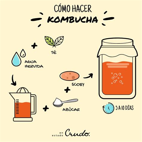 Diagrama del proceso de elaboración casera de kombucha, mostrando el SCOBY y los pasos de fermentación.