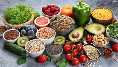 Ilustración de diversos alimentos: soja, semillas de lino, lentejas, frutas y verduras.