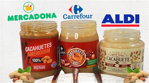 tabla comparativa de cremas de cacahuete de diferentes marcas (Prozis, Mercadona, Carrefour, Aldi, Weider) destacando ingredientes y características