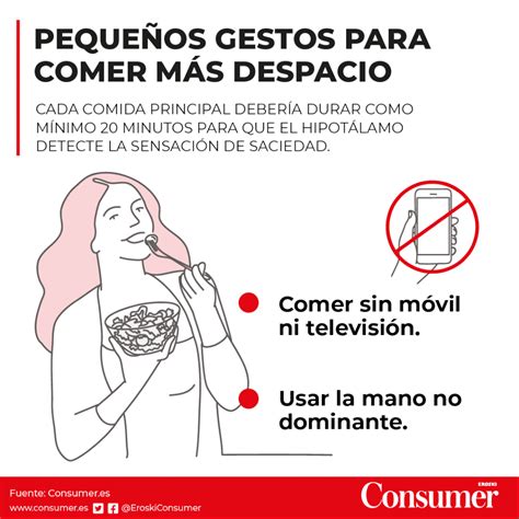 Infografía con consejos visuales para comer despacio y conscientemente (ej. masticar, sin distracciones, plato ordenado)