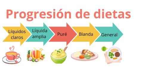 Infografía mostrando la progresión de la dieta después de la colocación del balón intragástrico: líquidos, purés, sólidos.