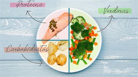 esquema de un plato equilibrado para la cena con proporciones de verdura, fruta, hidratos y proteínas