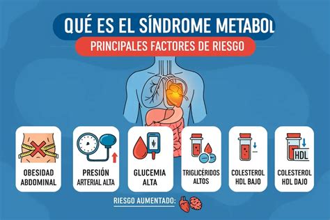 Diagrama que ilustra los componentes del síndrome metabólico y sus factores de riesgo asociados.