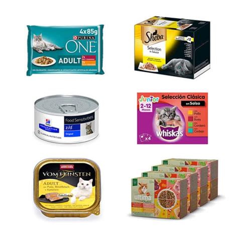 Collage de diferentes tipos de comida húmeda para gatos (mousse, trozos en salsa, etc.).