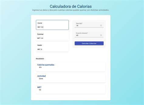 Interfaz de una calculadora de calorías de ciclismo online