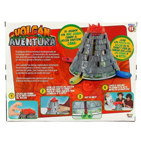 Diagrama del juego Volcán Aventura mostrando el volcán 3D, gemas y botes salvavidas.