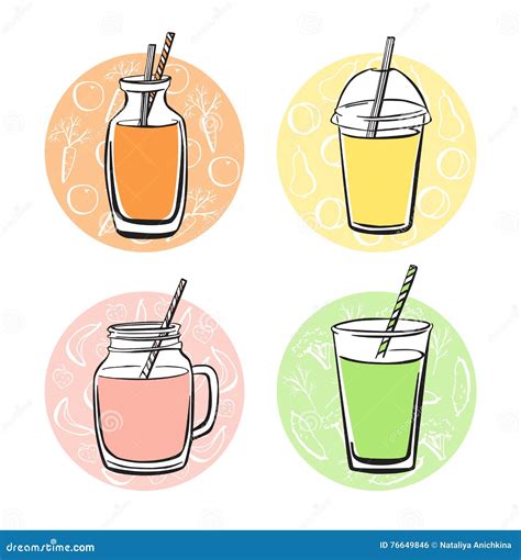 Ilustración de varios smoothies coloridos y apetitosos.