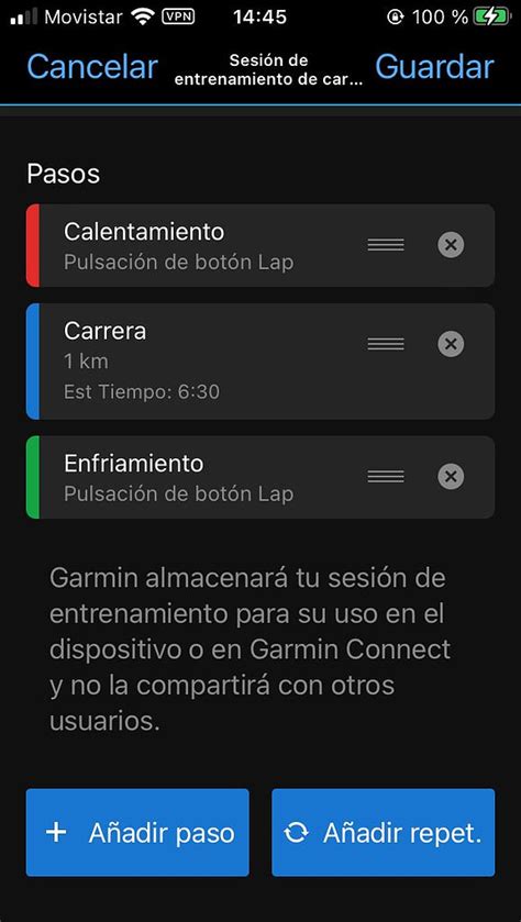 Esquema visual del proceso de creación de un entrenamiento por intervalos en Garmin Connect.