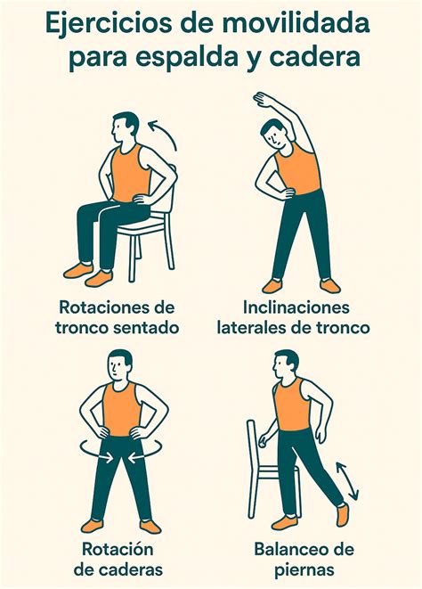 Infografía mostrando la secuencia de ejercicios de movilidad para realizar en la silla de oficina.