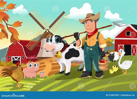 Ilustración de un granjero supervisando su ganado en un prado.