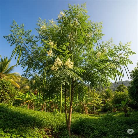 árbol de Moringa con hojas y vainas